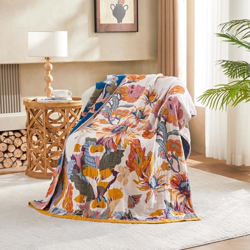 XIBLC Boho Throw Blanket, 100% Cotton Ultra Soft Luxury Throw Rustic Quilt, 50"x60" Floral Bird Butterfly Farmhouse Decor ...