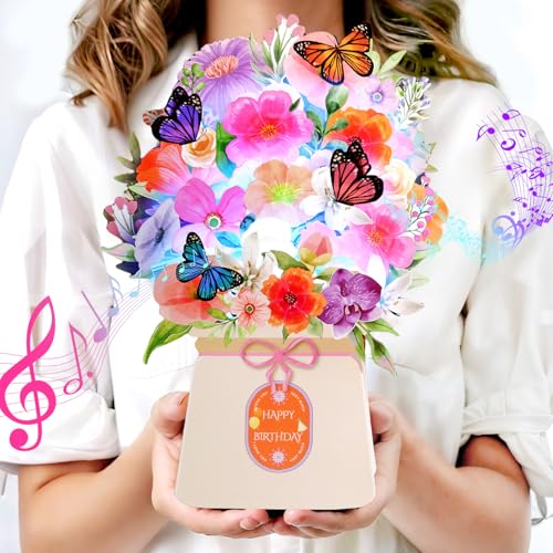 Yinqing Birthday Cards, Light and Music Happy Birthday Card, Lily and Butterflies, 10 Inch Life Sized Forever Flower Bouqu...