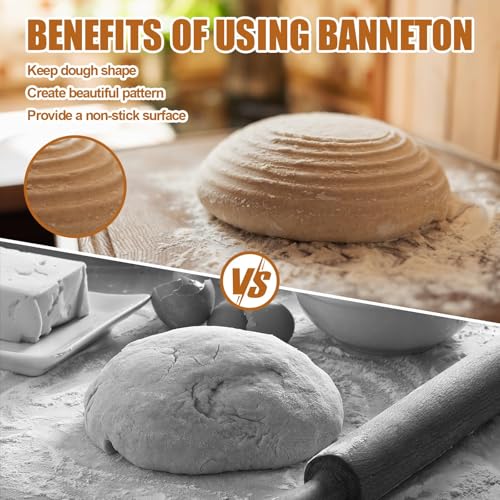 Dimpola Banneton Bread Proofing Basket - 9 inch Banneton Basket Set of 2 Sourdough Proofing Basket Round Proofing Bowls Ha...
