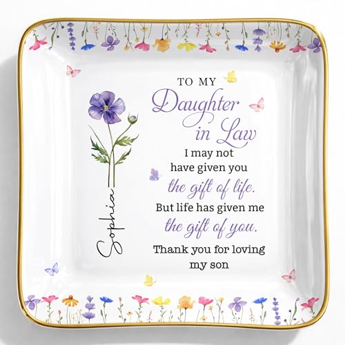 ALMAGEMSUS Personalized Daughter In Law Jewelry Dish, Birth Floral Ceramic Trinket Dish, Ring Holder Tray, Sentimental Gif...