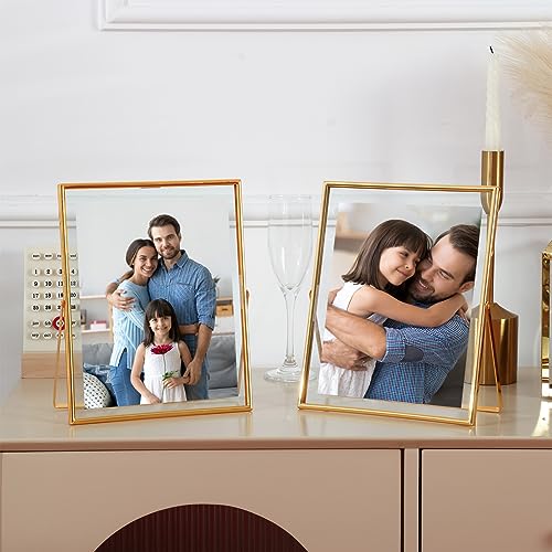 Fixwal Gold Floating Picture Frame Set of 2, 8 x 10 Tempered Glass, Tabletop Display, Multi Size Including 6 x 8, 5 x 7