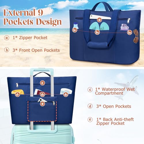 HUANLANG Large Beach Tote Bags for Women Men,Big Beach Bag with Zipper Wet Pocket,Extra Large Tote Bag for Travel Pool