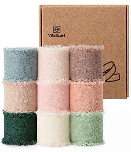 Vitalizart 1" x 27 Yd Chiffon Silk Ribbon Mixed Color Ribbons Set 3 Yd x 9 Rolls Fringe Fabric for Wedding Invitations Bri...