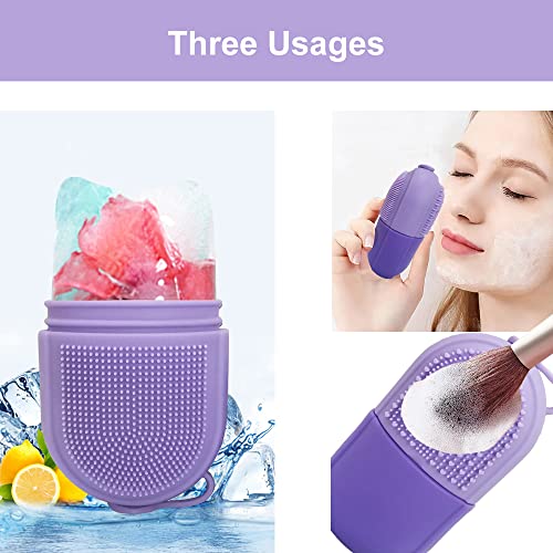 Reusable Cube Silicone Mold Ice Roller With Brush For Face Cold Therapy Facial Massage Roller (Purple)