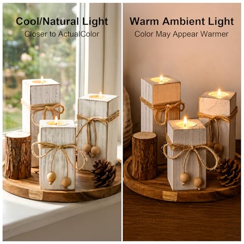 MelonBoat Rustic Flameless LED Candles 3-Pack, Battery Operated Candles with Wooden Candle Holders, White Rustic Farmhouse...