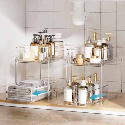 Vtopmart 4 Pack Bathroom Organizer, 2 Tier Clear Under Sink Organizers Vanity Countertop Storage Container,Cabinet Drawers...