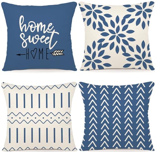YCOLL Pillow Covers 18x18 Set of 4, Modern Sofa Throw Pillow Cover, Decorative Outdoor Linen Fabric Pillow Case for Couch ...