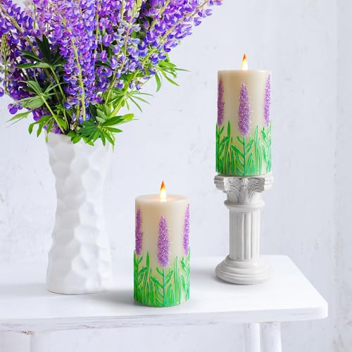 QQFCTOO Lavender Embossed flameless Candle with Flickering Flame - Battery-Operated Candle with Remote Timer - Real Wax - ...