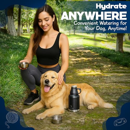 WRTZ Portable Dog Water Bottle with 2 Removable Water Bowls for Dogs – Leak-Proof Insulated Stainless Steel Dog Water Bott...