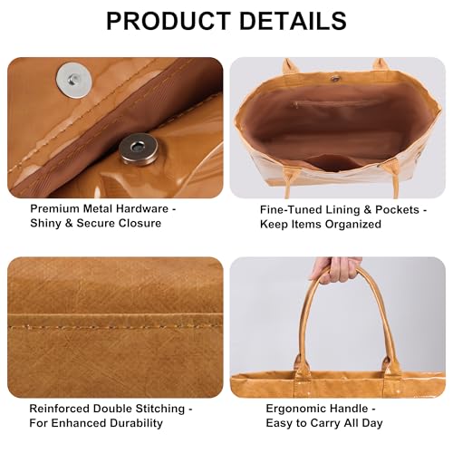 ALUWU Women's PVC Tote Bag Kraft Paper Work Handbag Wipeable Plastic Purse with Top Handle for Beach Travel