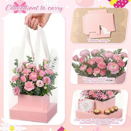 Kolldenn 12 Pack Clear Pink Flower Bouquet Bags with Handle, 9.45 Inch Mother's Day Boxes for Floral Arrangement, PVC Wate...