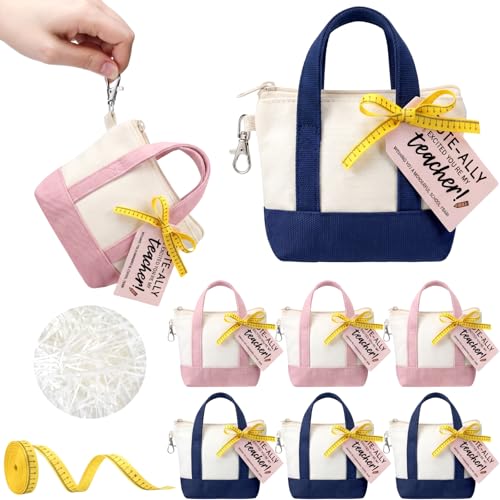 Sunnymove 6 Sets Mini Tote Bag Keychain for Teacher Appreciation Mini Canvas Bag Keychain with Tag Ribbon Raffia Thank You...