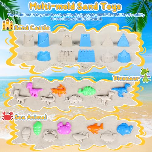 HUUIDY Beach Toys for Kids, Sand Toys with 4 Sand Buckets and Shovels for Kids, Sand Castle Building Kit with Mesh Bag & M...