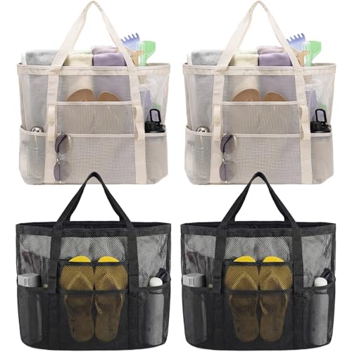 Viwnrxta 4Pcs Mesh Beach Bags with Zipper Pocket, Large Beach Tote for Cruise Family Travel Pool Vacation Essentials