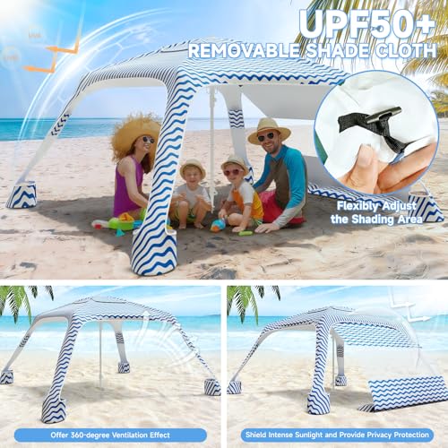 Beach Cabana with 4-Corner, UPF50+ Beach Canopy, Adjustable Height Beach Tent Sun Shelter, Sun Umbrella with Removable Sid...