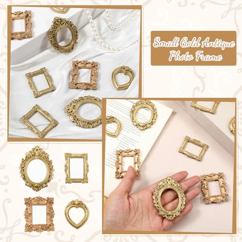 HJZHII 8 Pcs Vintage Resin Picture Frames, Gold Antique Photo Frame Mini Picture Frames Small Antique Ornament TableTop Sm...