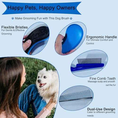 MAEELOU 3 PCS Puppy Brush Grooming Kit, Stainless Steel Flea Comb, Fit for Yorkie, Shih Tzu, Maltipoo, Soft Bristle (Blue)