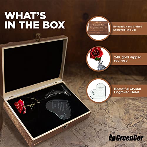 GreenCor Anniversary for Wife Engraved Wooden Gift Set 'To My Beautiful Wife' Includes Crystal Engraved Heart 24K Gold Dip...