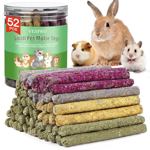 52Pcs Rabbit Chew Sticks, Guinea Pig Toys, Natural Timothy Grass Molar Teeth Stick, Mixing Flowers, Roses, Calendula and F...