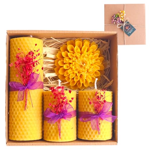 Petekoğlu Candle Beeswax Set of 4 Beeswax Candle Natural Set. Bees Wax Candle Gift Set (Purple Ribbon Decorated Floral)