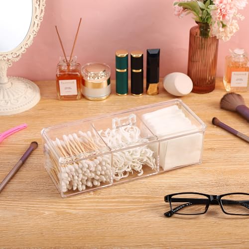 Sohalejr Qtip Holder Transparent 3 Compartments Cotton Ball and Swab Holder Organizer with Lid,Jar for Cotton Rounds,Bathr...