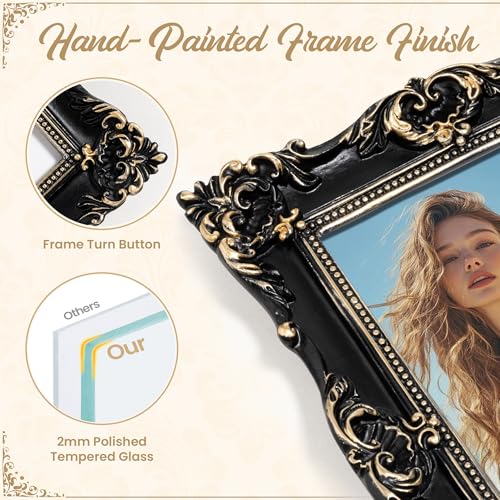 Axeman 4x6 Vintage Picture Frame, Ornate Textured Hand-Crafted Resin Antique Photo Frame with HD-Tempered Glass Tabletop &...