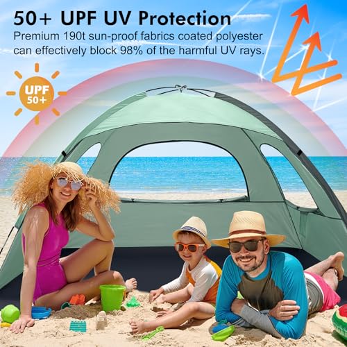 WhiteFang Beach Tent Anti-UV Portable Sun Shade Shelter for 3/4/6/8 Person, Extendable Floor with 3 Ventilating Mesh Windo...