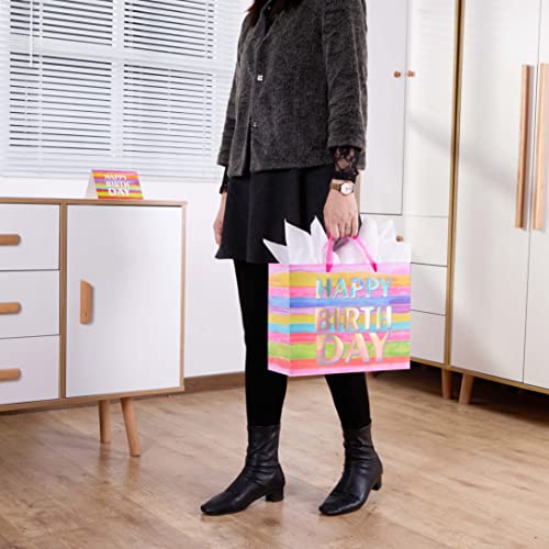 SUNCOLOR Large Happy Birthday Gift Bag with Tissue Paper & Card, 13 x 10.2 x 4.7 Inches Premium Paper Bag for Birthday, Ki...