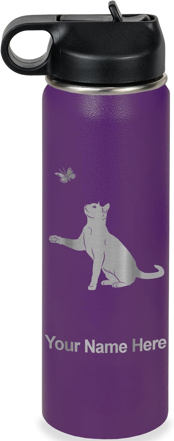 LaserGram Personalized Water Bottle, Cat with Butterfly, Stainless Steel Double Wall Vacuum Insulated with Flip Top Straw,...