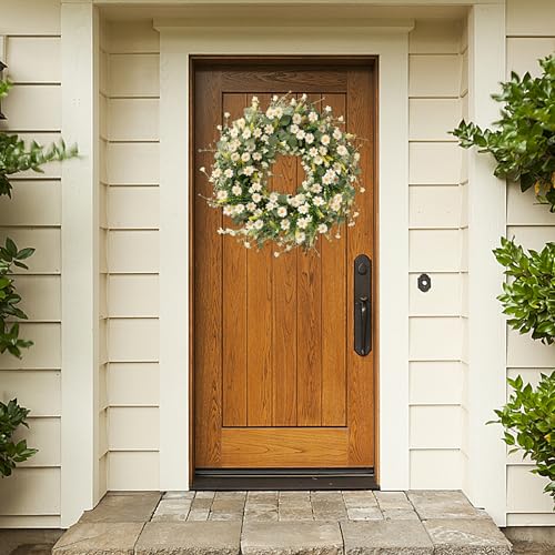Sggvecsy White Daisy Wreath 24 Inch with Fake Silk Floral Green Eucalyptus Leaves and Lavender for Spring Summer Front Doo...