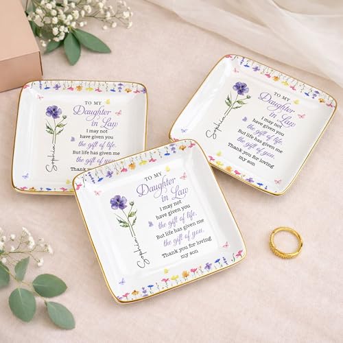 ALMAGEMSUS Personalized Daughter In Law Jewelry Dish, Birth Floral Ceramic Trinket Dish, Ring Holder Tray, Sentimental Gif...