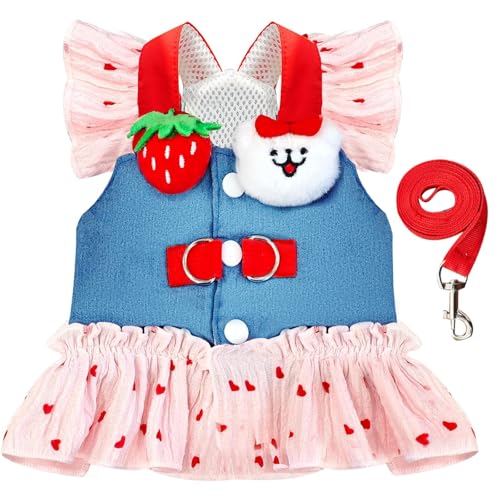Small Dog Harness and Leash Set Denim Cat Harness Dress for Puppy Clothes for Girls Pink Dog Birthday Dress French Bulldog...