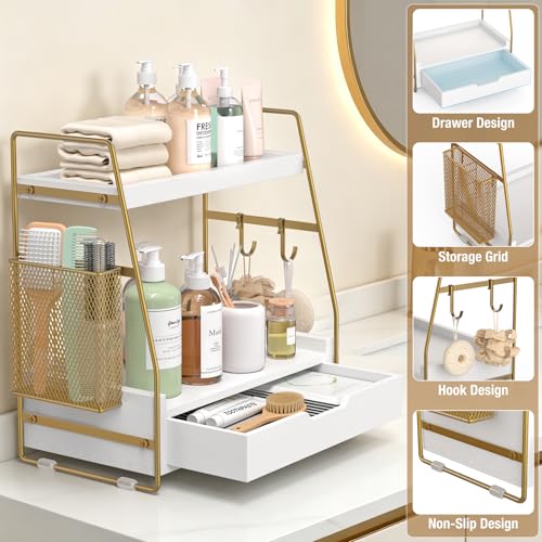 ROPALINS 2-Tier Bathroom Counter Organizer with Drawer & Removable Basket, Wood & Metal Vanity Organizer for Skincare, Mak...