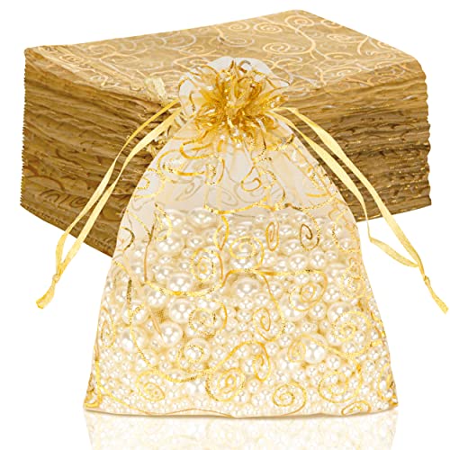 Staruby Organza Gift Bags 100Pcs Gold Sheer Organza Bag 5x7 Inch Mesh Favor Bags Drawstring Jewelry Rattan Printed Gift Po...