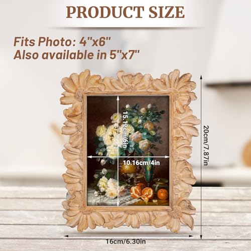 Vintage Picture Frames 4x6, Antique White Beige Ornate Flower Picture Frame with Real Glass, Floral Petal Resin Photo Fram...
