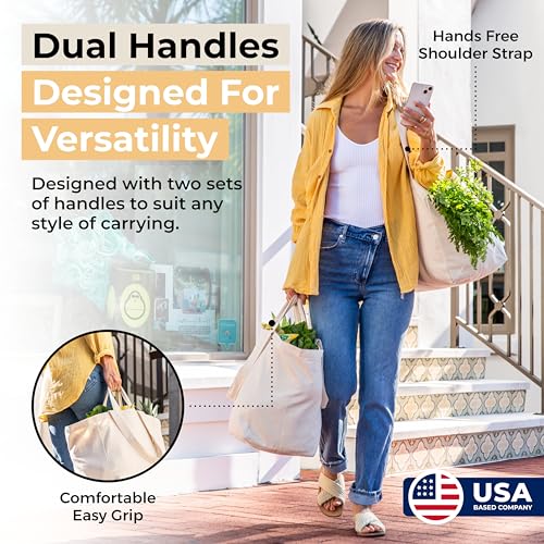VeraMia Canvas Grocery Bag 3pc XL Set with Real Pockets, Long Shoulder Strap and Short Handle. Heavy Duty, Foldable, Washable