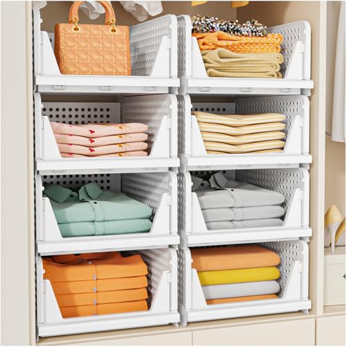 SNSLXH 5 Pack Stackable Closet Storage Basket, Multifunctional & Foldable Closet Organizer for Bathroom Kitchen Laundry Ro...
