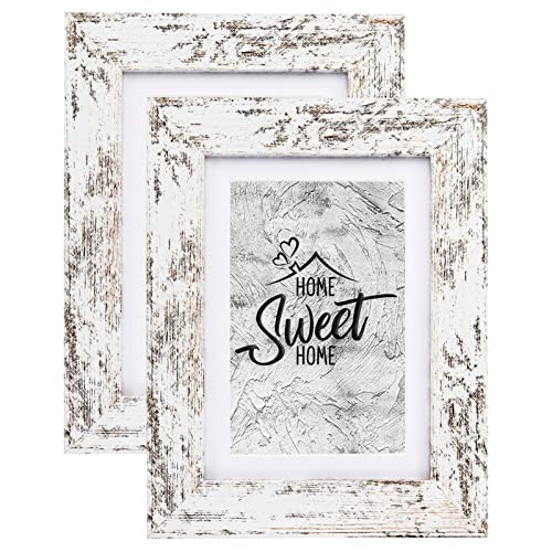 Califortree Rustic White 5x7 Picture Frame - Display Photos 4x6 with Mat or 5x7 Without Mat - Real Glass Frames for Wall a...