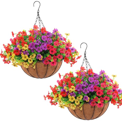 Hananona 2 Set Artificial Outdoor Flowers with Hanging Basket, 2 Hanging Planters with 24 Pcs Flowers for Spring Summer Fr...