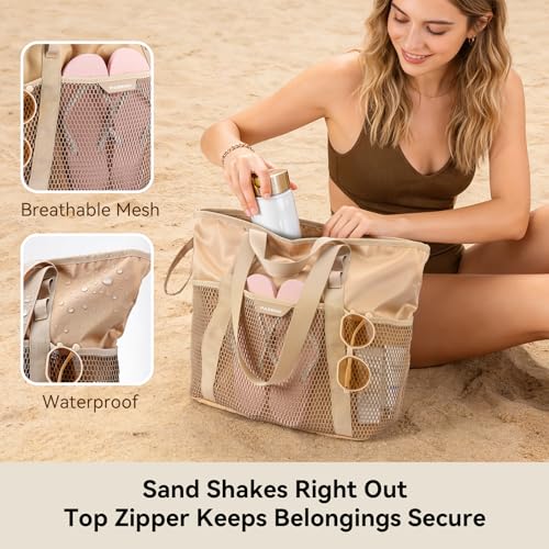PASMAN Large Beach Bag with Zipper-8 Pockets Sandproof Beach Tote Bag for Women,Foldable Lightweight Family Swim Bag Vacation