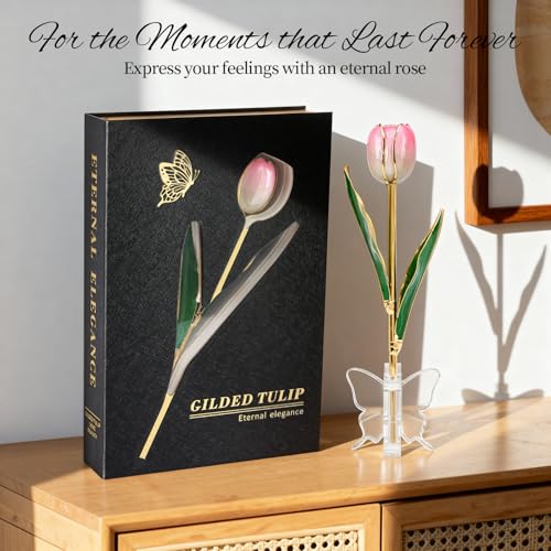 Mikasol Gold Dipped Real Tulip – Dreamy Gradient Pink, Romantic Forever Flower Gift with Book-Style Box & Butterfly Stand,...
