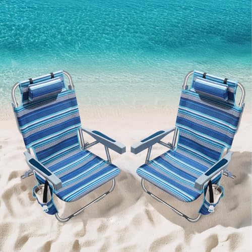 PASAMIC Backpack Beach Chairs for Adults 2 Pack Portable, Lay Flat Reclining Beach Chairs with 5 Positions, Tall Heavy Dut...