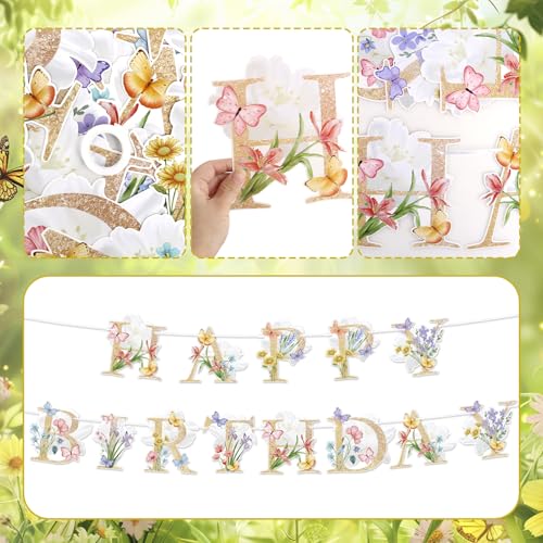 Lemicin Flower Butterfly Happy Birthday Banner Boho Wildflower and Butterflies Baby Banner Flower Birthday Decorations for...