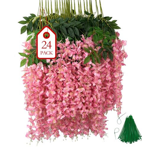 BIRDDIE 24Pcs of Artificial Wisteria Hanging Flowers, 3.75 Feet Fake Wisteria Flower Strings for Backdrop, Wedding, Ceremo...