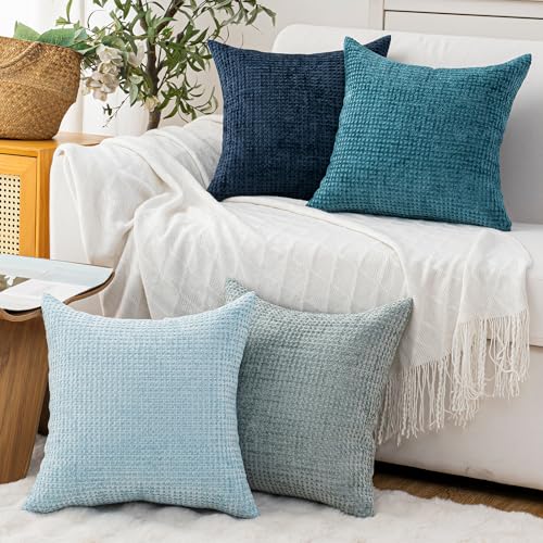 Cushonix Pack of 4 Throw Pillow Covers 18x18 inch Blue Series Boho Cushion Covers Decorative Farmhouse Pillow Covers for C...