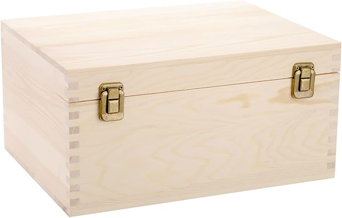 Frcctre Extral Large Unfinished Wooden Box, 13 x 10 x 6.5 inch Natural Unfinished Pine Wood Box with Hinged Lid and Front ...