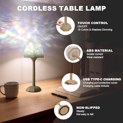 DEXULESA Rechargeable Table Lamp with Remote Control, 16 Color Changing LED Night Light with Water Ripple Projection, Adju...