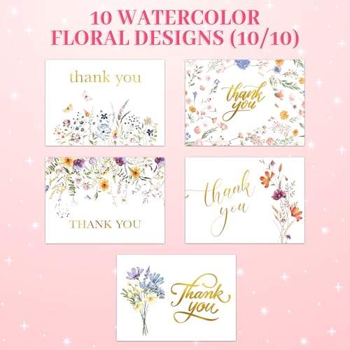 Decorably 50 Pack Gold Foiled 6x4in Wildflower Thank You Cards Wedding with Envelopes and Stickers, 10 Folded Watercolor F...