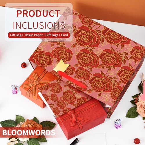 Bloomwords 13" Mother's Day Bags with Card Tissue(Rose Flower) - Birthdays, Valentine’s, Weddings, Anniversaries, Kit incl...