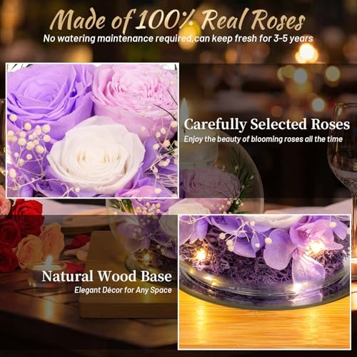 Preserved Light Purple Real Rose in Glass with Scented Candles–Forever Flower Romantic Anniversary Mothers Day Christmas B...